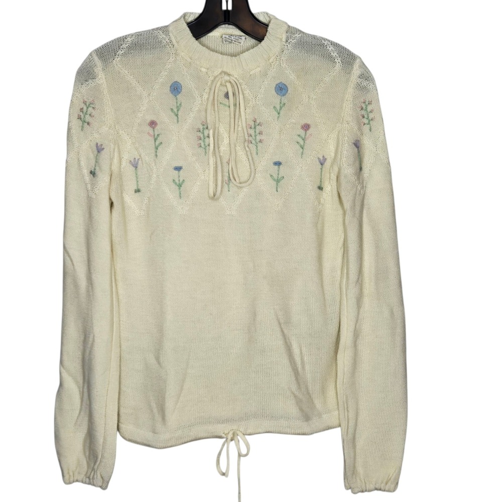 Vintage Floral Embroidered Cottagecore Sweater Tie Neck Cream Acrylic Medium